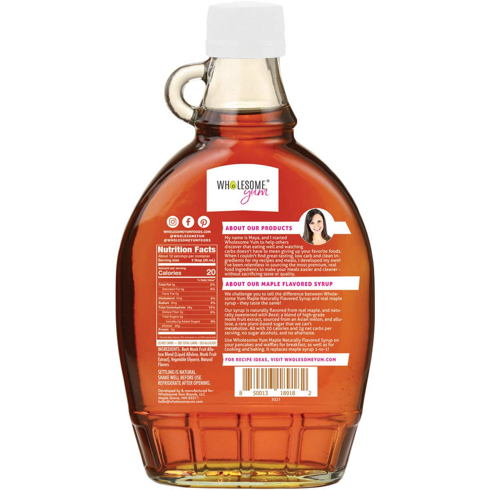 Wholesome Yum Zero Sugar Maple Syrup on pancakes, keto-friendly breakfast option.