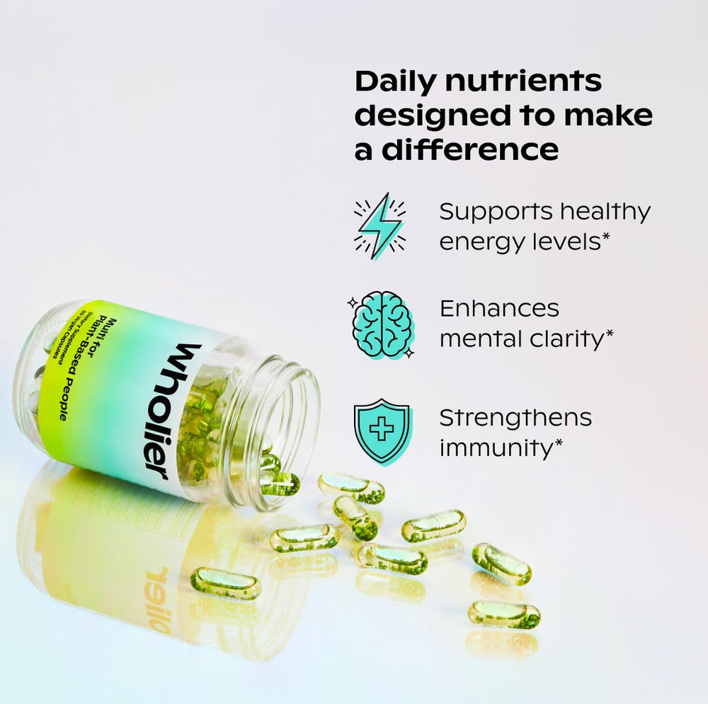 Wholier bottle label graphics showcasing vegan nutrients for vegan diets