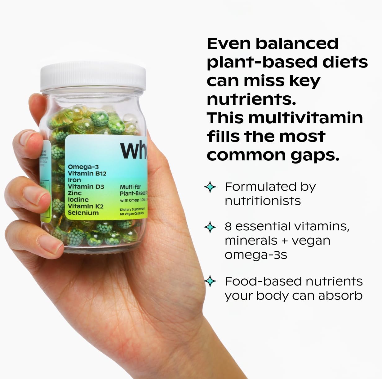 Wholier multivitamin capsules close-up, easy to swallow for plant-based routines