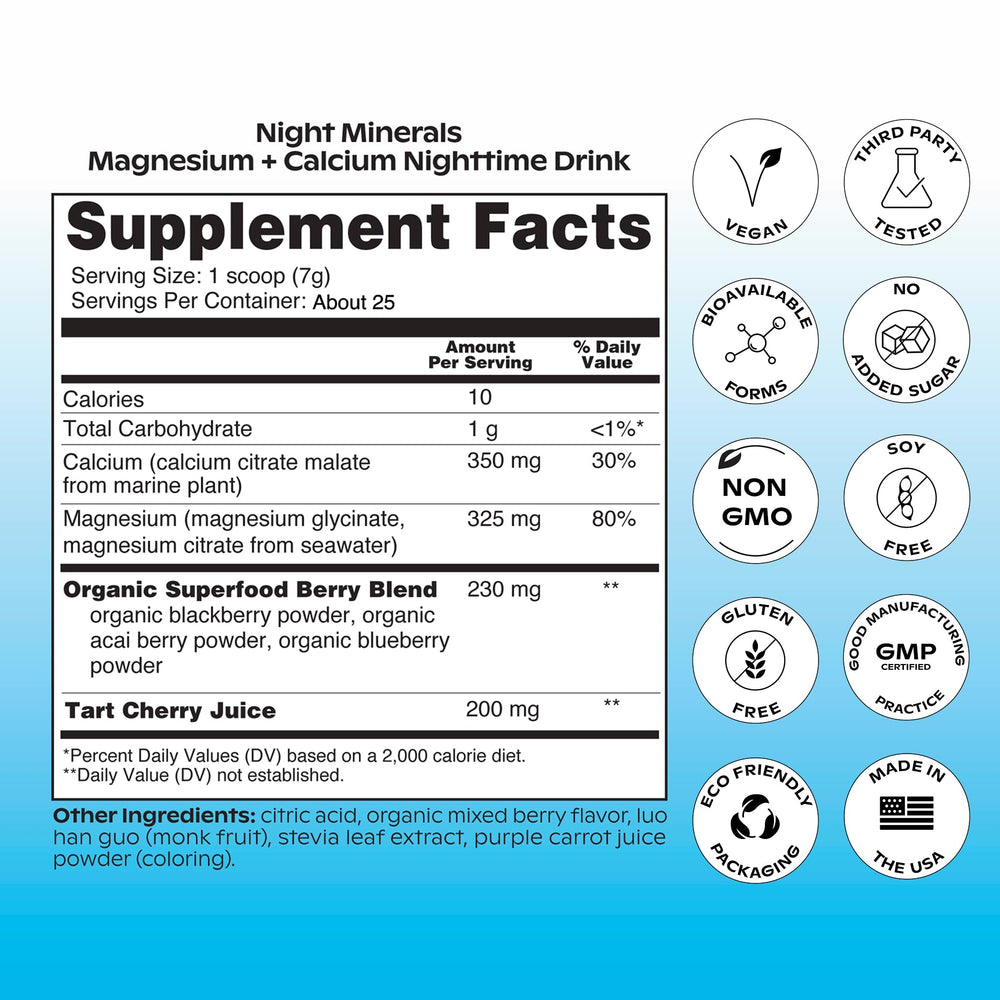 Wholier Night Minerals bedtime setup emphasizes tart cherry and minerals for relaxation.