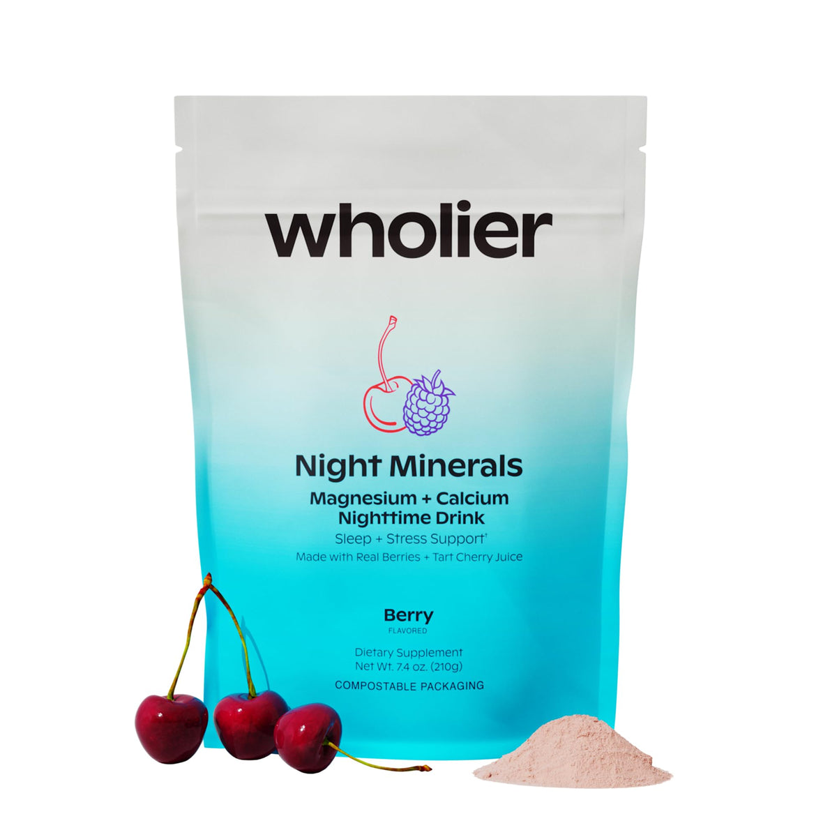 Wholier Night Minerals bottle label presents a calming nighttime drink for relaxed evenings.