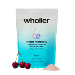 Wholier Night Minerals bottle label presents a calming nighttime drink for relaxed evenings.
