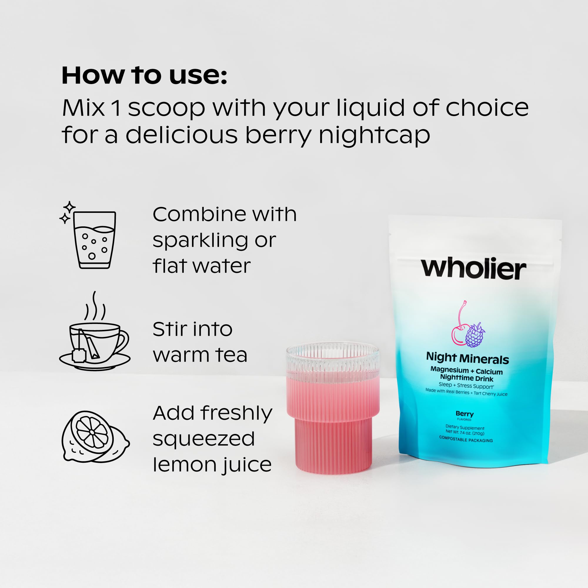 Wholier Night Minerals with organic berries highlights natural ingredients for calm evenings.
