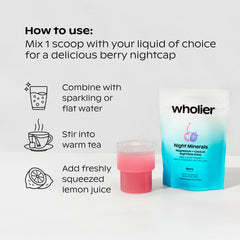 Wholier Night Minerals with organic berries highlights natural ingredients for calm evenings.
