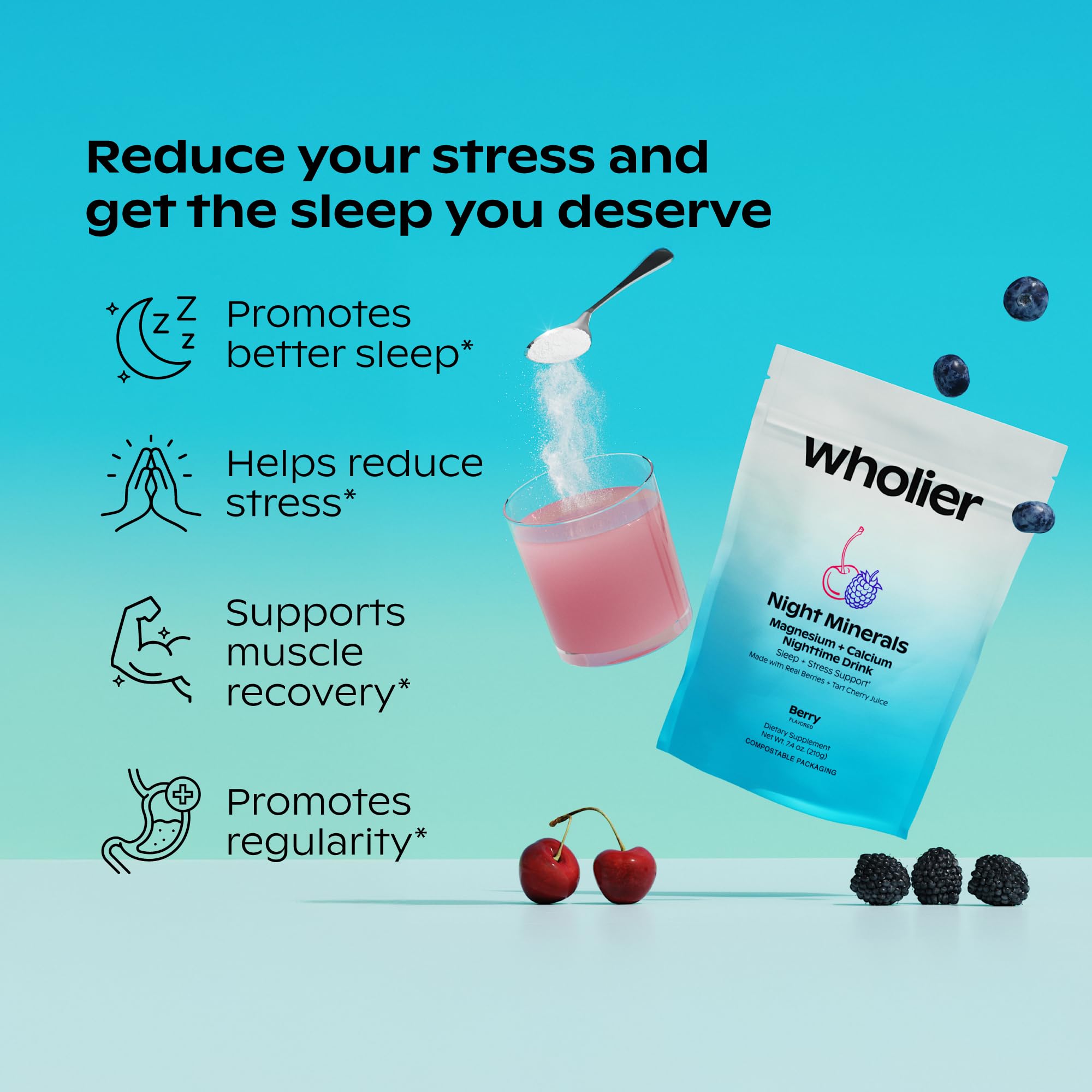 Wholier Night Minerals scoop dissolving into water suggests customizable nightly servings.
