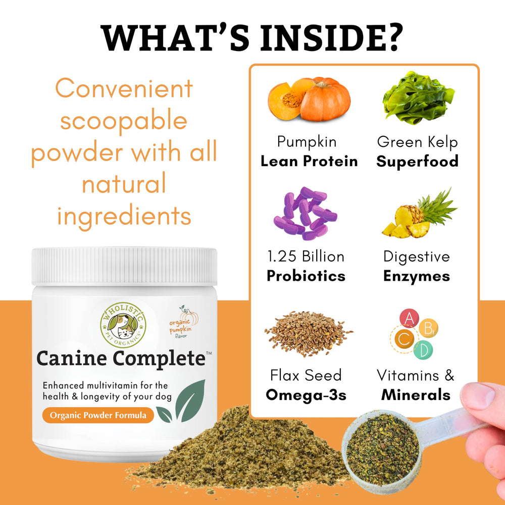 Wholistic Pet Organics Canine Complete ingredients label with organic vitamins and probiotics.