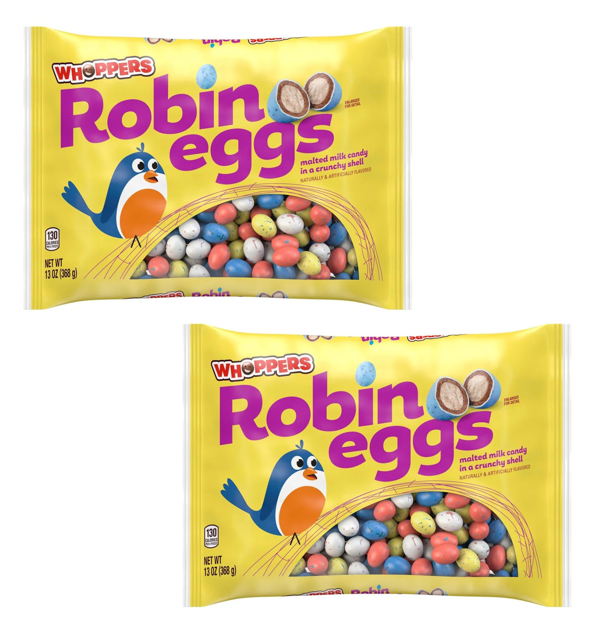 Whoppers Robin Eggs bag front with pastel speckled eggs, perfect for sharing at gatherings.