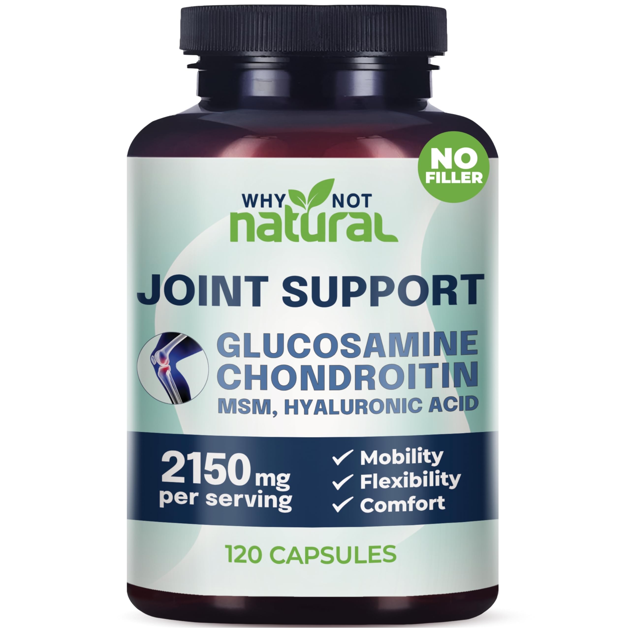 Why Not Natural glucosamine chondroitin MSM bottle top view for joint support.