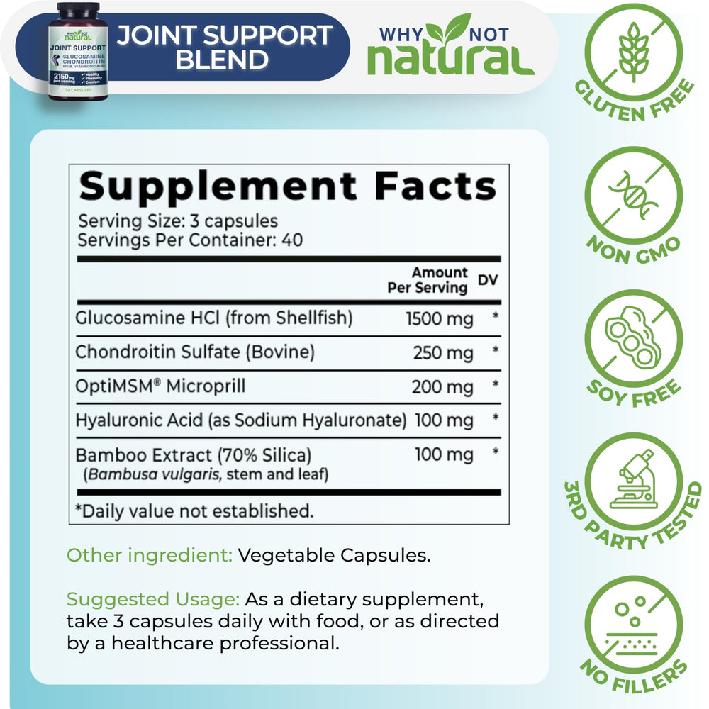 Why Not Natural glucosamine chondroitin MSM joint support hero image conveys durability.