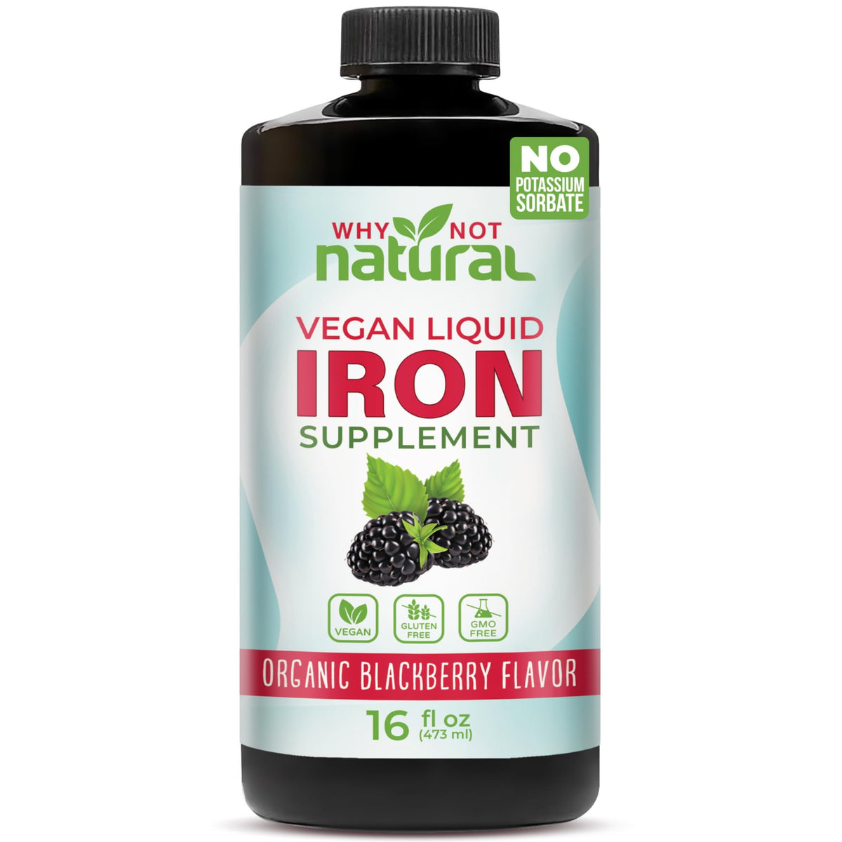 Why Not Natural liquid iron bottle closeup highlights gentle digestion support.