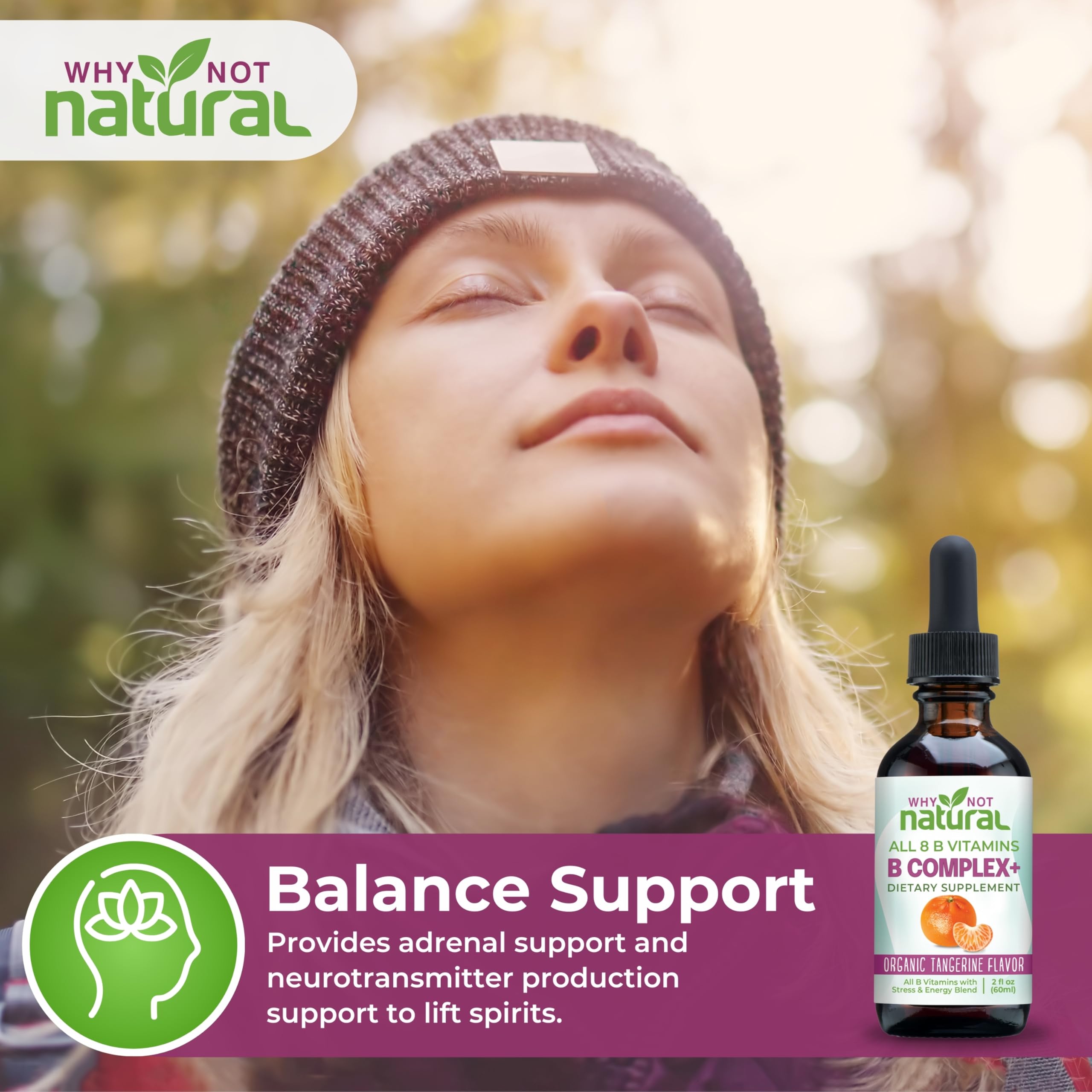 Why Not Natural Vitamin B Complex Liquid Drops label shows bioavailable B vitamins.