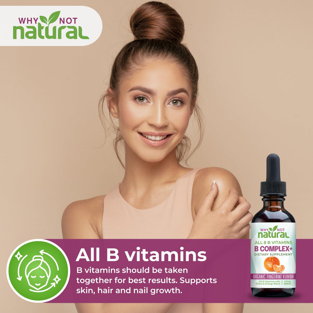 Vegan-friendly Vitamin B Complex Liquid Drops highlight plant-based vitamins.