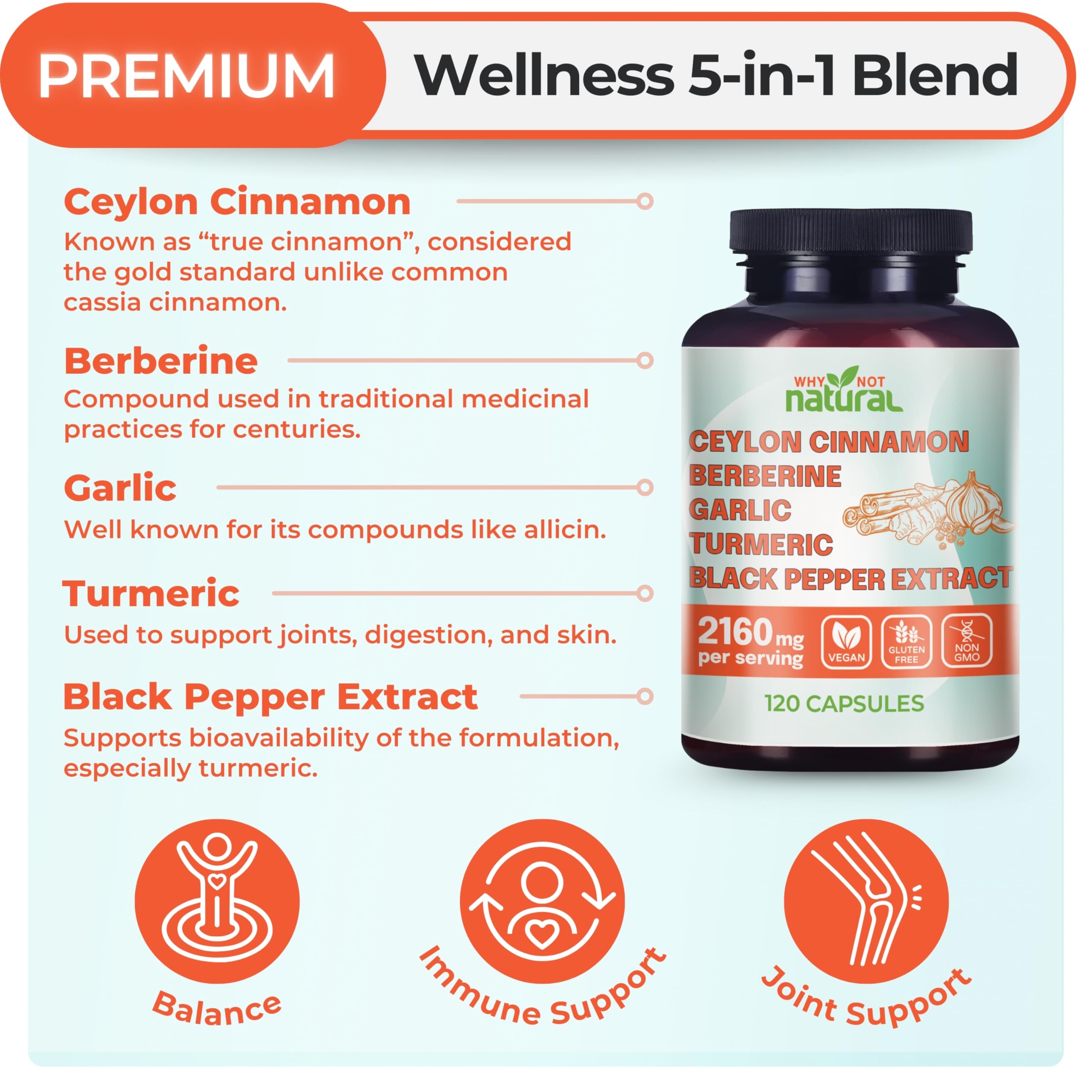 Why Not Natural berberine garlic turmeric capsules label panel highlights metabolism support