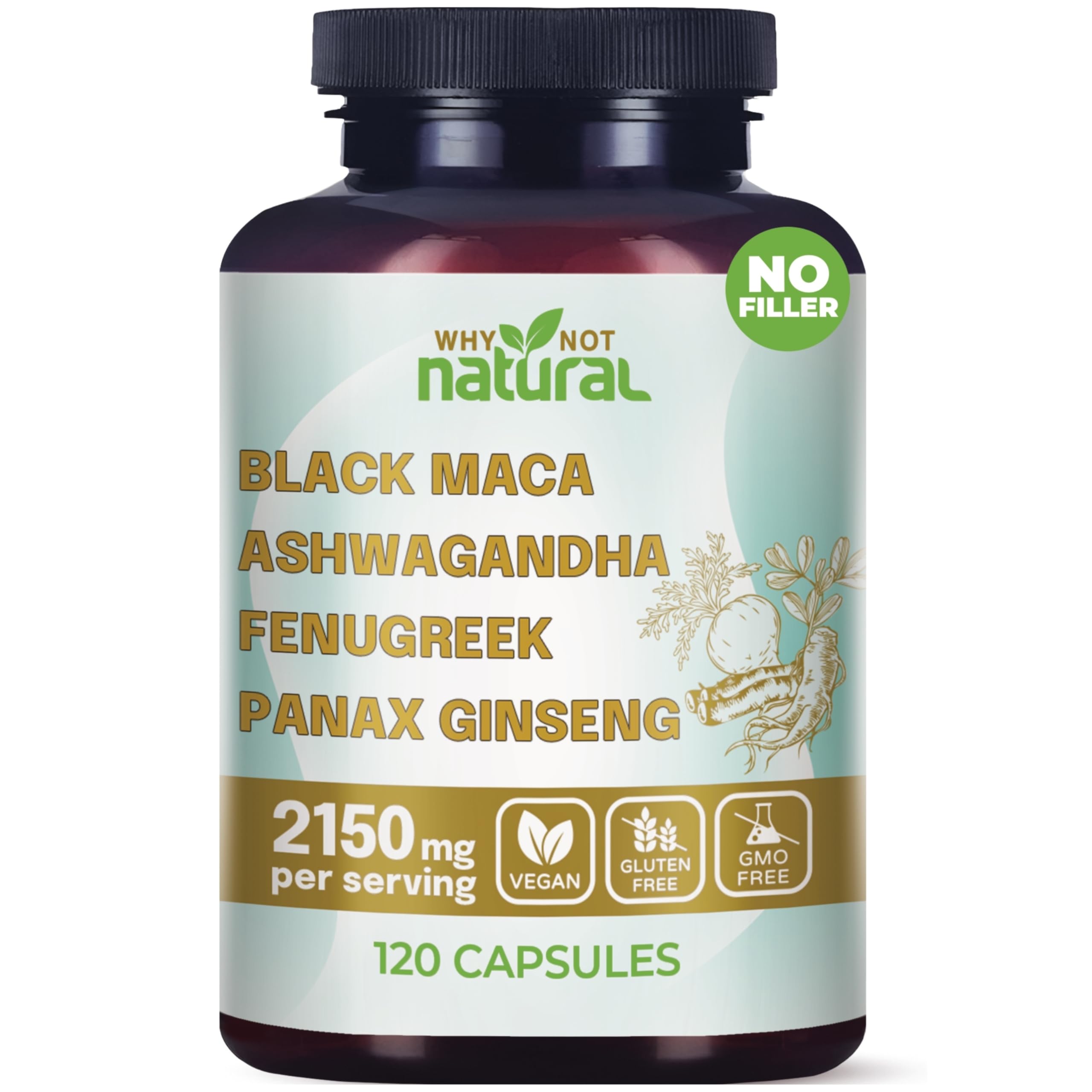 Why Not Natural bottle and capsules show a convenient daily Maca blend for energy support.