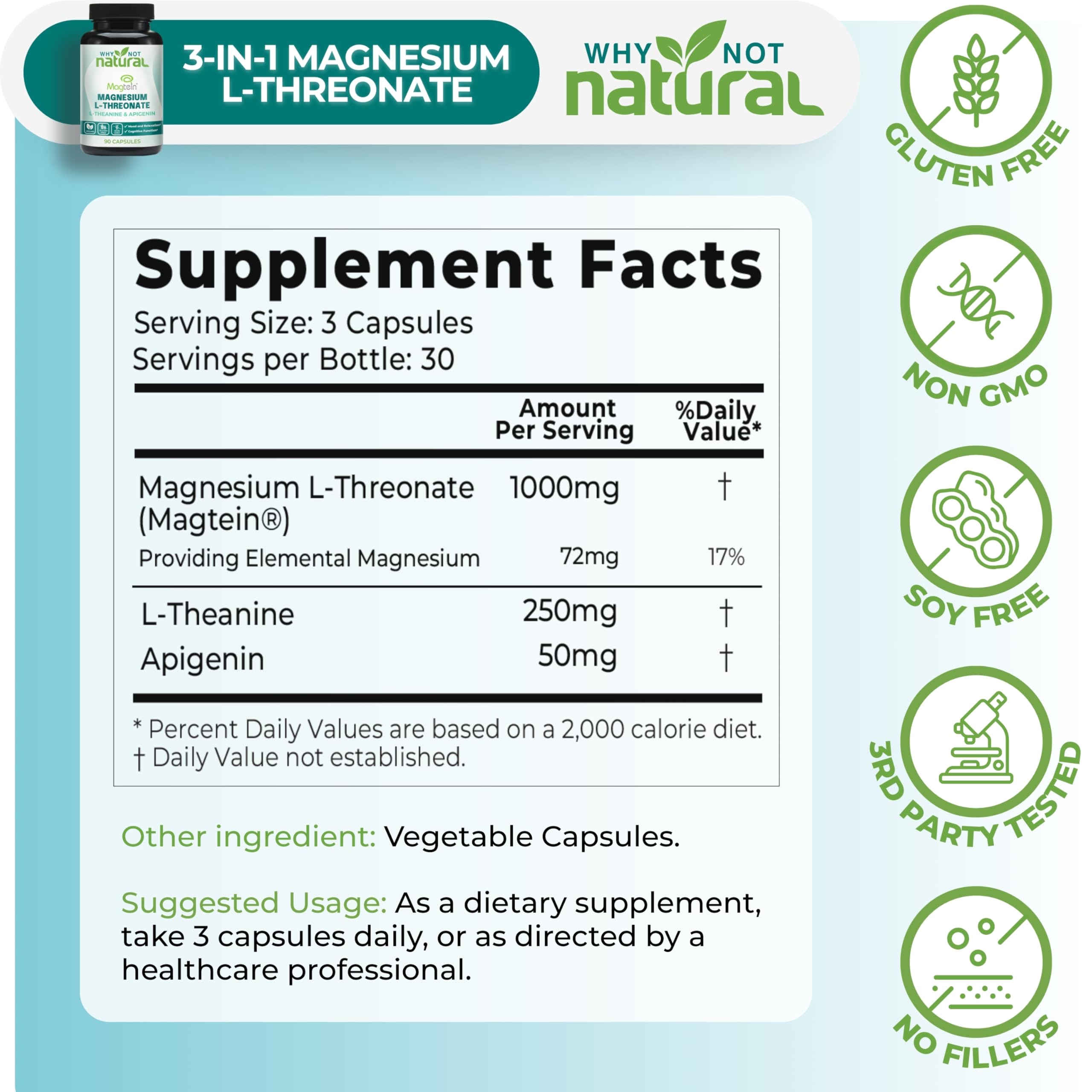 Why Not Natural CGMP-certified bottle label underscores quality and testing.