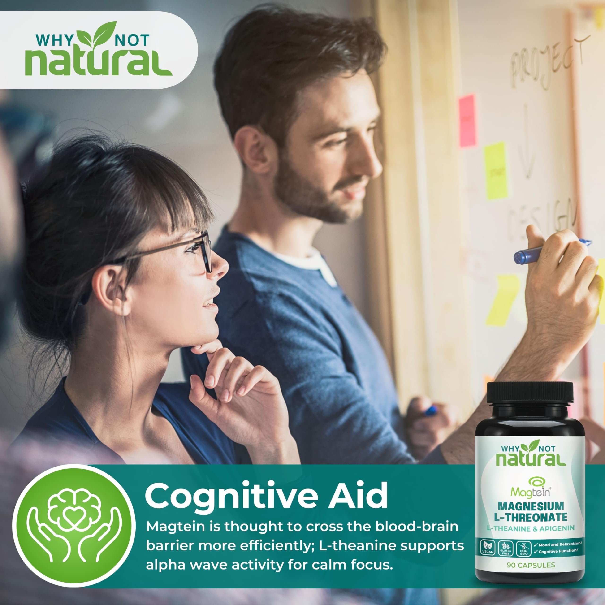 Why Not Natural packaging display conveys premium, patented Magtein supplement.