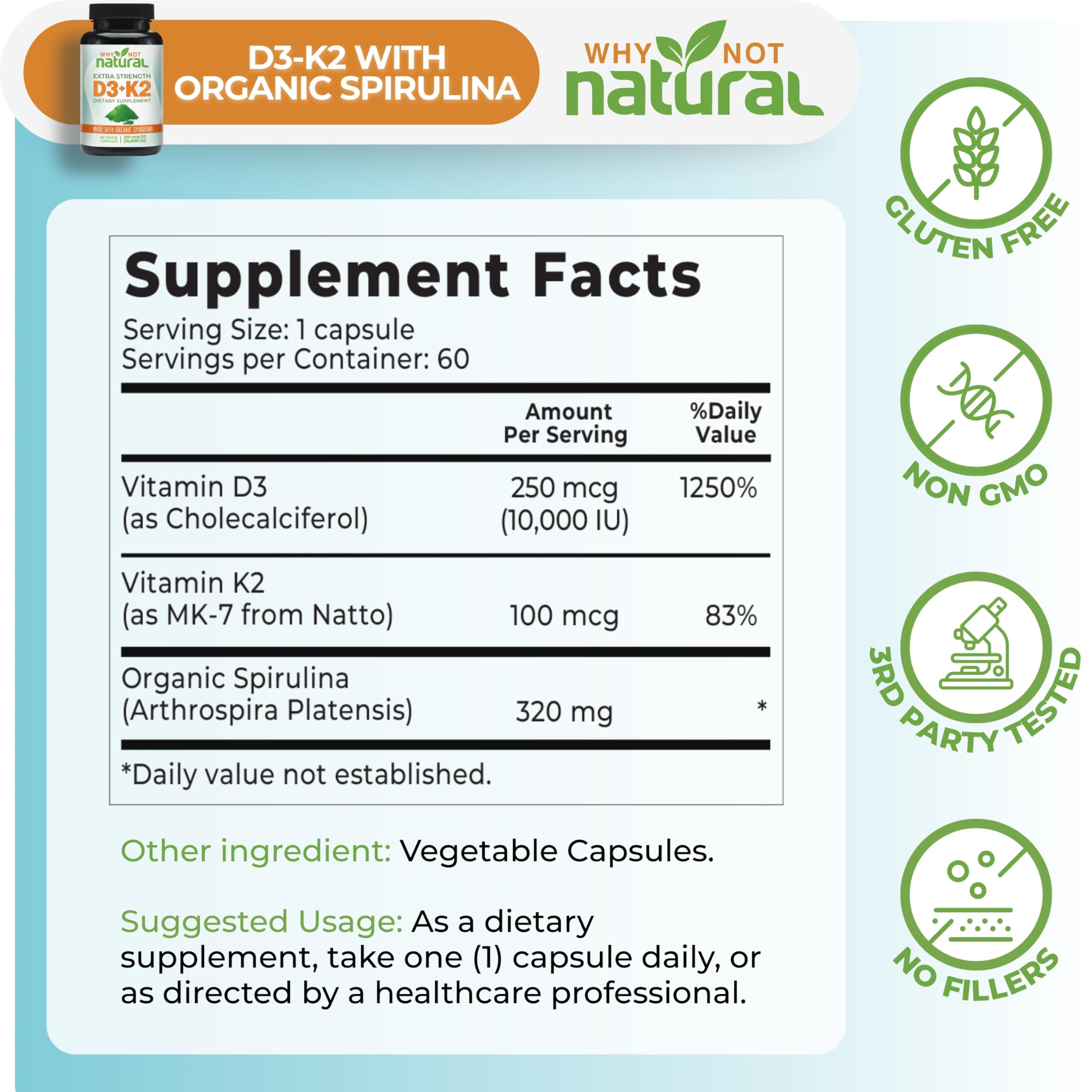 Why Not Natural spirulina organic powder image emphasizes organic superfood boost for energy.