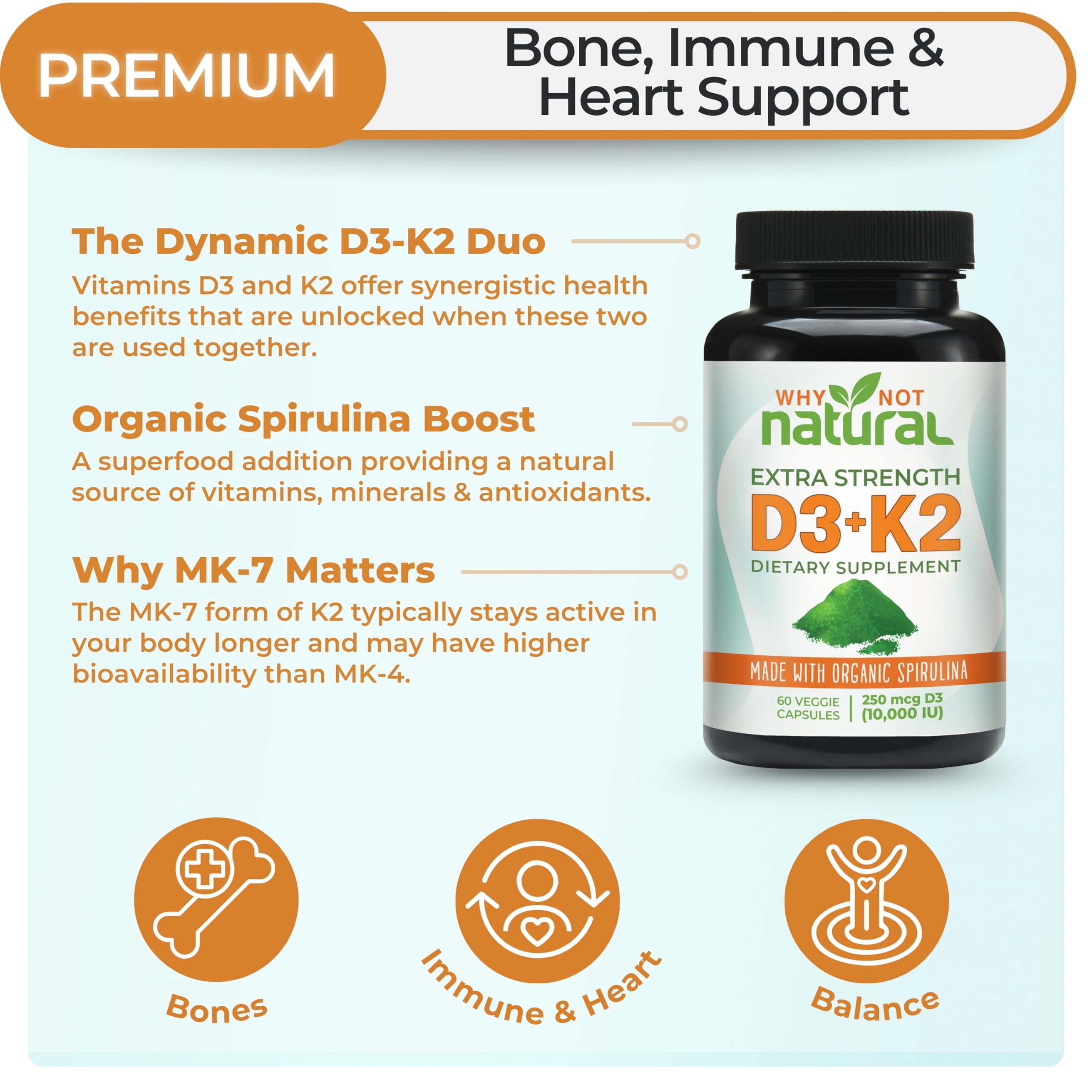 Why Not Natural Vitamin D3 K2 capsules closeup shows veggie capsule and strong potency for daily wellness.