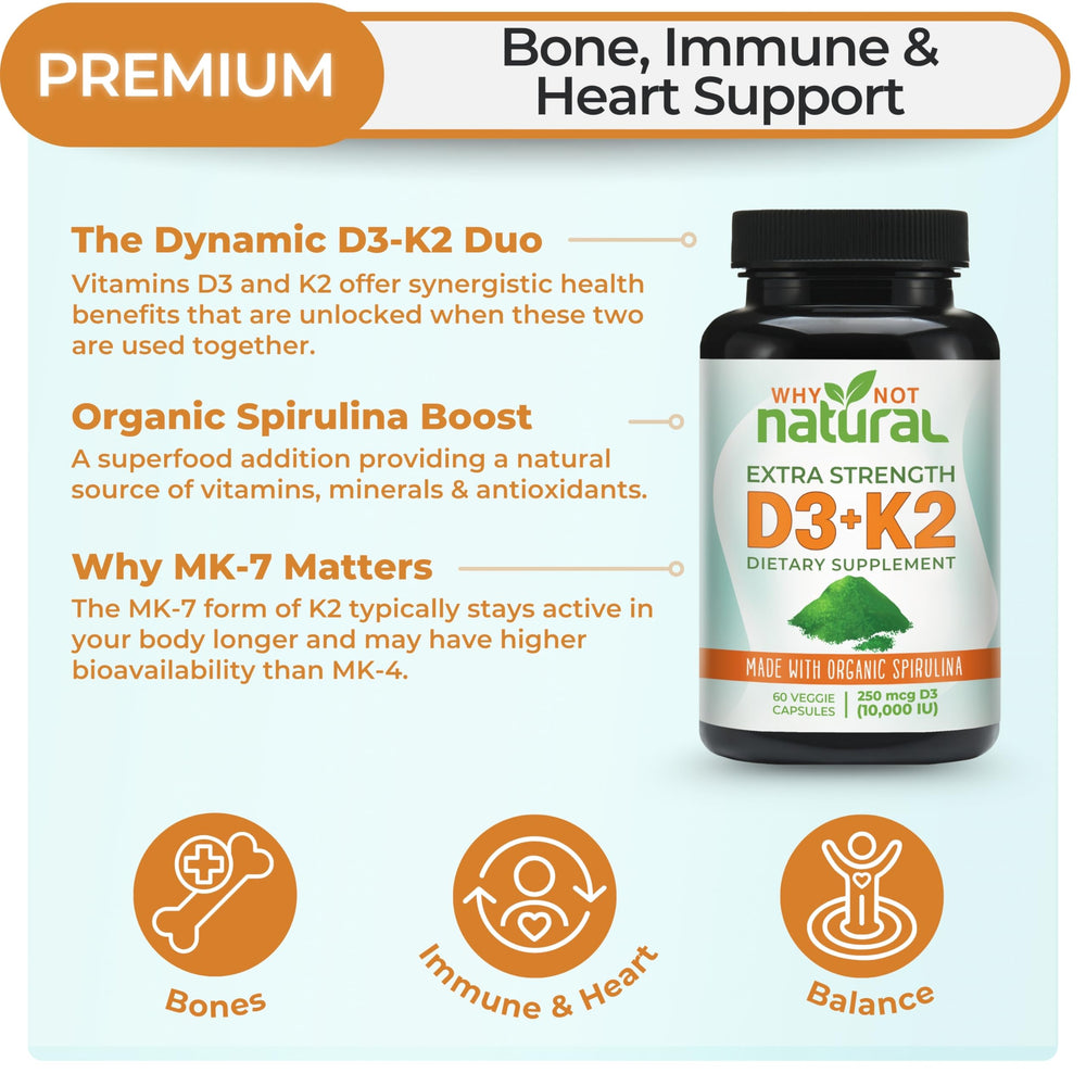 Why Not Natural Vitamin D3 K2 capsules closeup shows veggie capsule and strong potency for daily wellness.