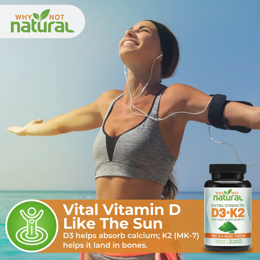 Why Not Natural Vitamin D3 K2 label spotlights organic spirulina and vegetarian-friendly formula.