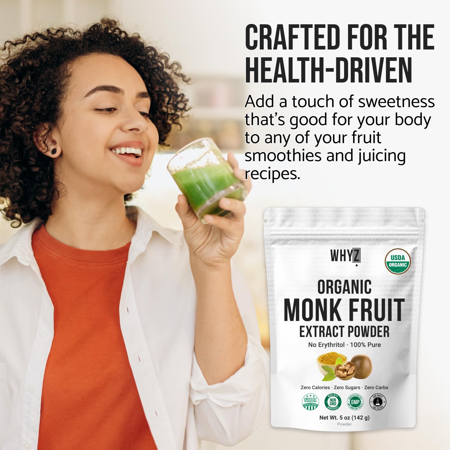 WHYZ Monk Fruit Powder in a coffee cup for a guilt-free morning boost.