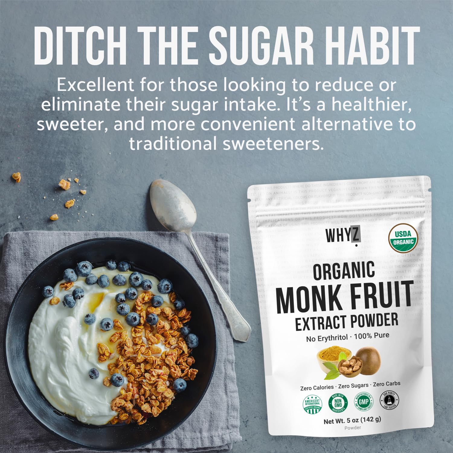 WHYZ Monk Fruit Sweetener baking setup illustrating keto-friendly sweetness.