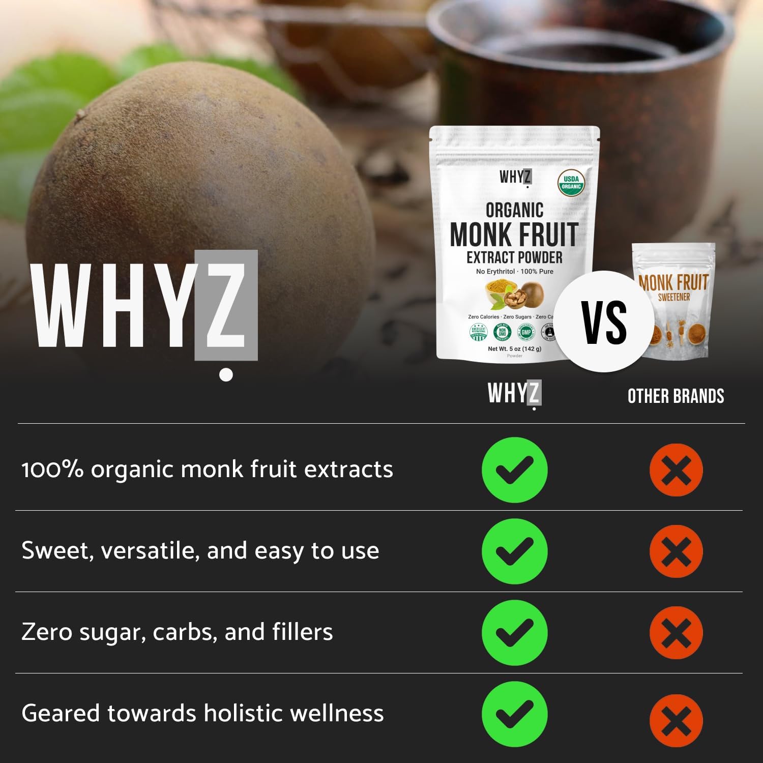 WHYZ Monk Fruit Sweetener scoop closeup emphasizing sugar-free flavor.