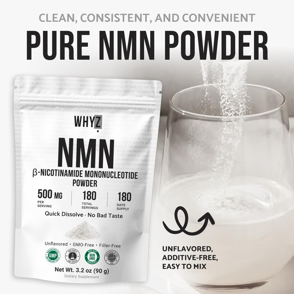 WHYZ NMN powder stirred into juice for flexible daily use