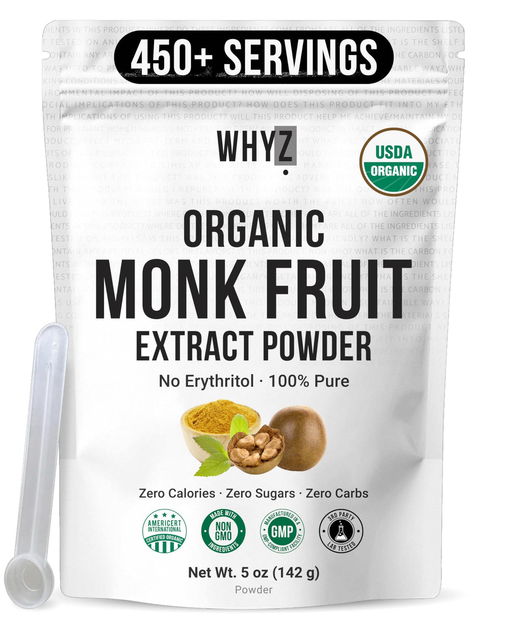 WHYZ Organic Monk Fruit Extract bottle showing pure zero-calorie sweetness in beverages.