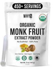 WHYZ Organic Monk Fruit Extract bottle showing pure zero-calorie sweetness in beverages.