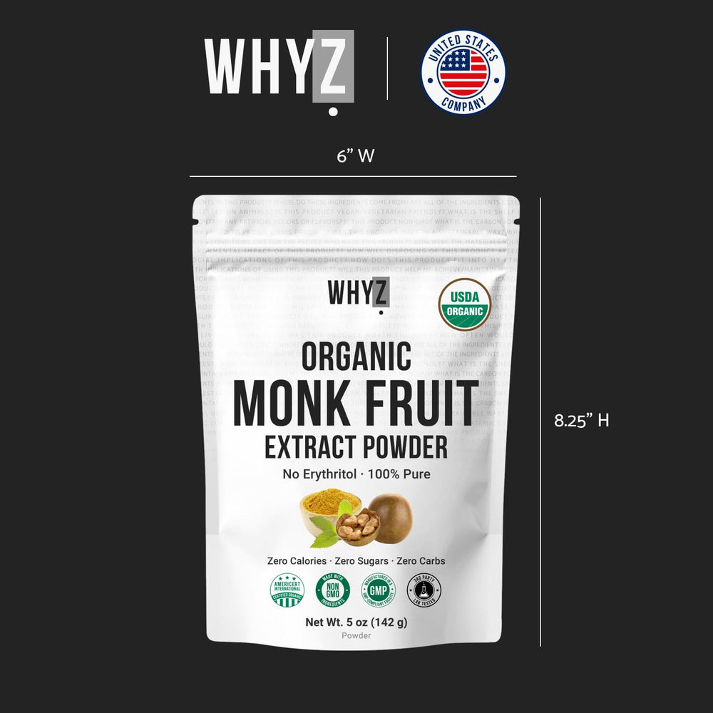 WHYZ Organic Monk Fruit label on packaging highlighting natural, non-GMO ingredients.