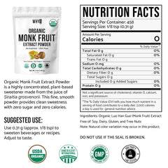 WHYZ Pure Monk Fruit Powder pack highlighting vegan, low-glycemic sweetness.