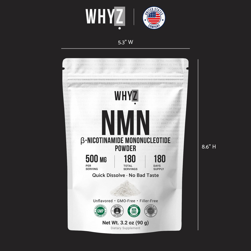 WHYZ NMN powder label emphasizes vegan and non-GMO ingredients