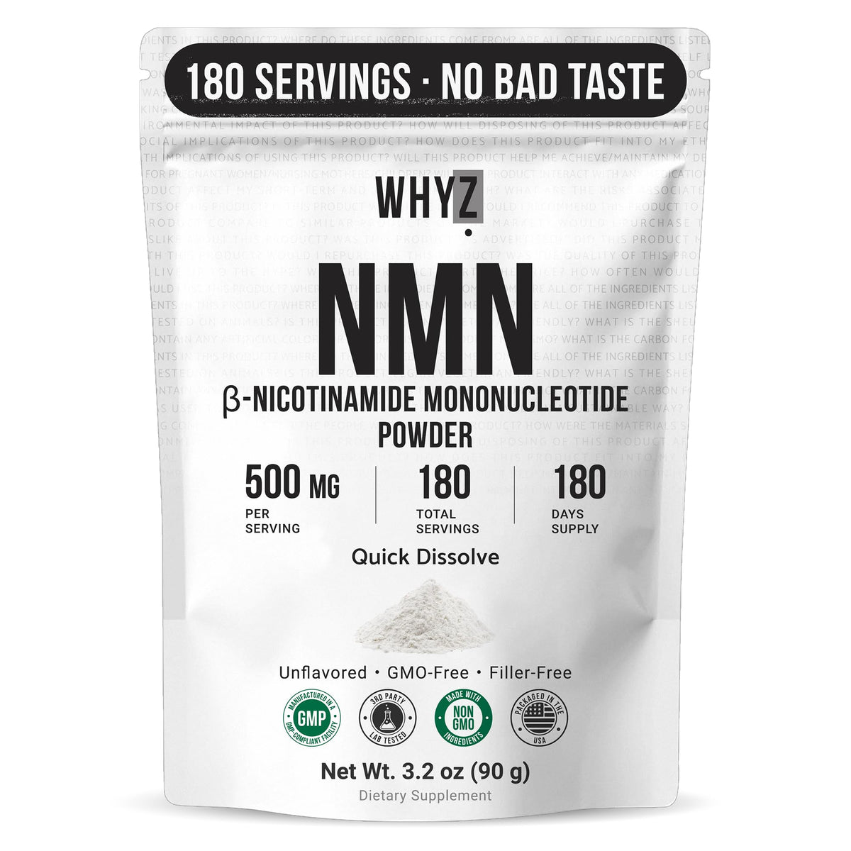 WHYZ Pure NMN powder packaging close-up shows clean ingredient profile