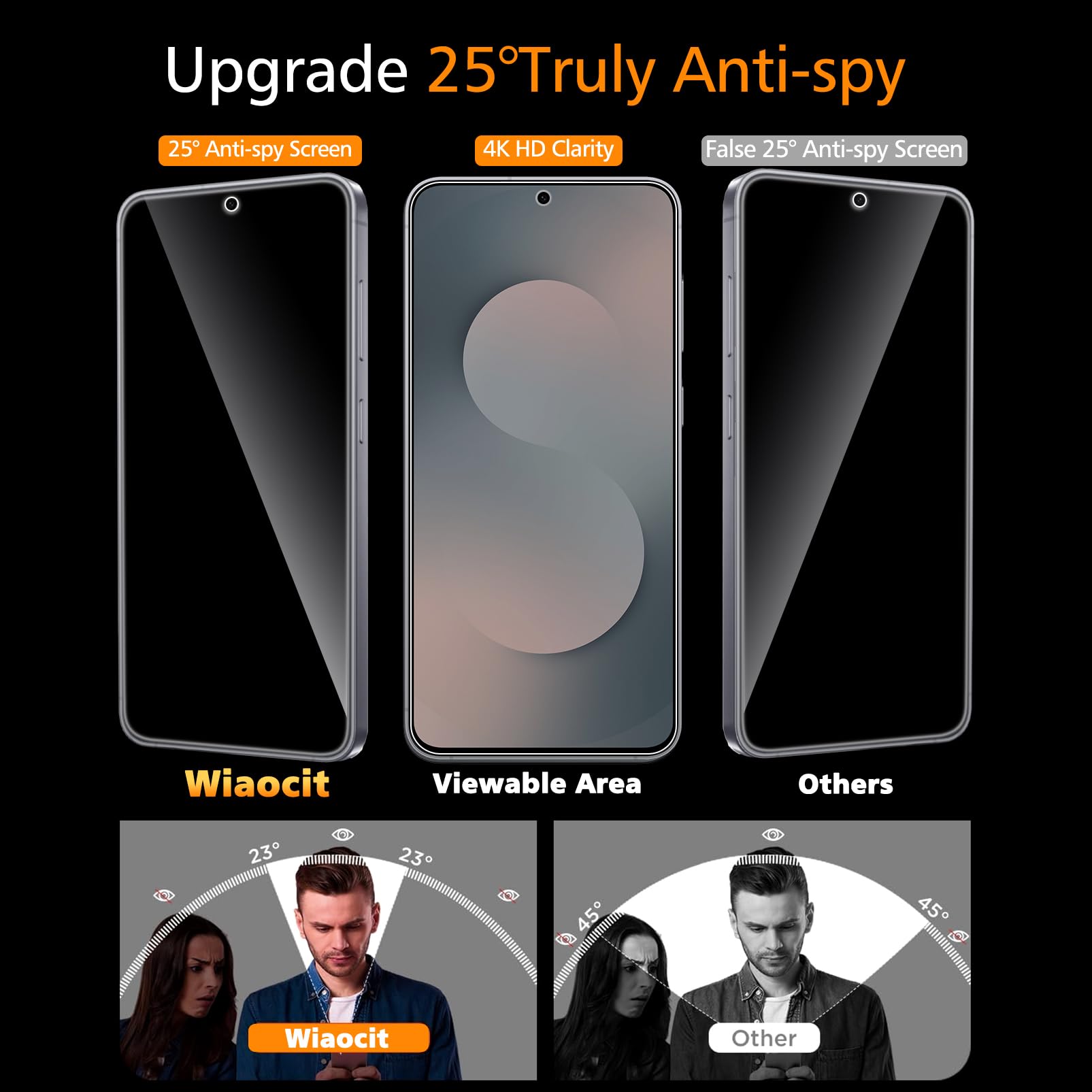 Wiaocit S25 FE privacy screen side view showing bubble-free tempered glass.
