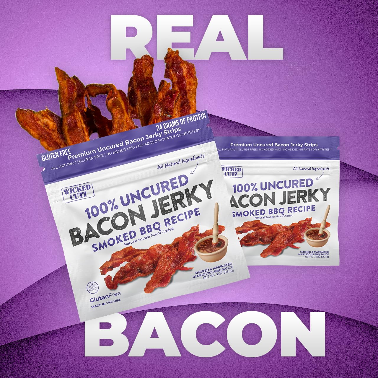 Wicked Cutz Smoked BBQ bacon jerky, savory, satisfying snack.
