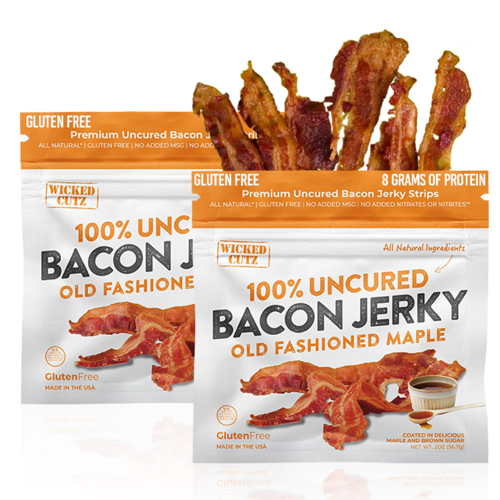 Wicked Cutz Old Fashioned Maple Bacon Jerky pack shot showing protein-packed snack.