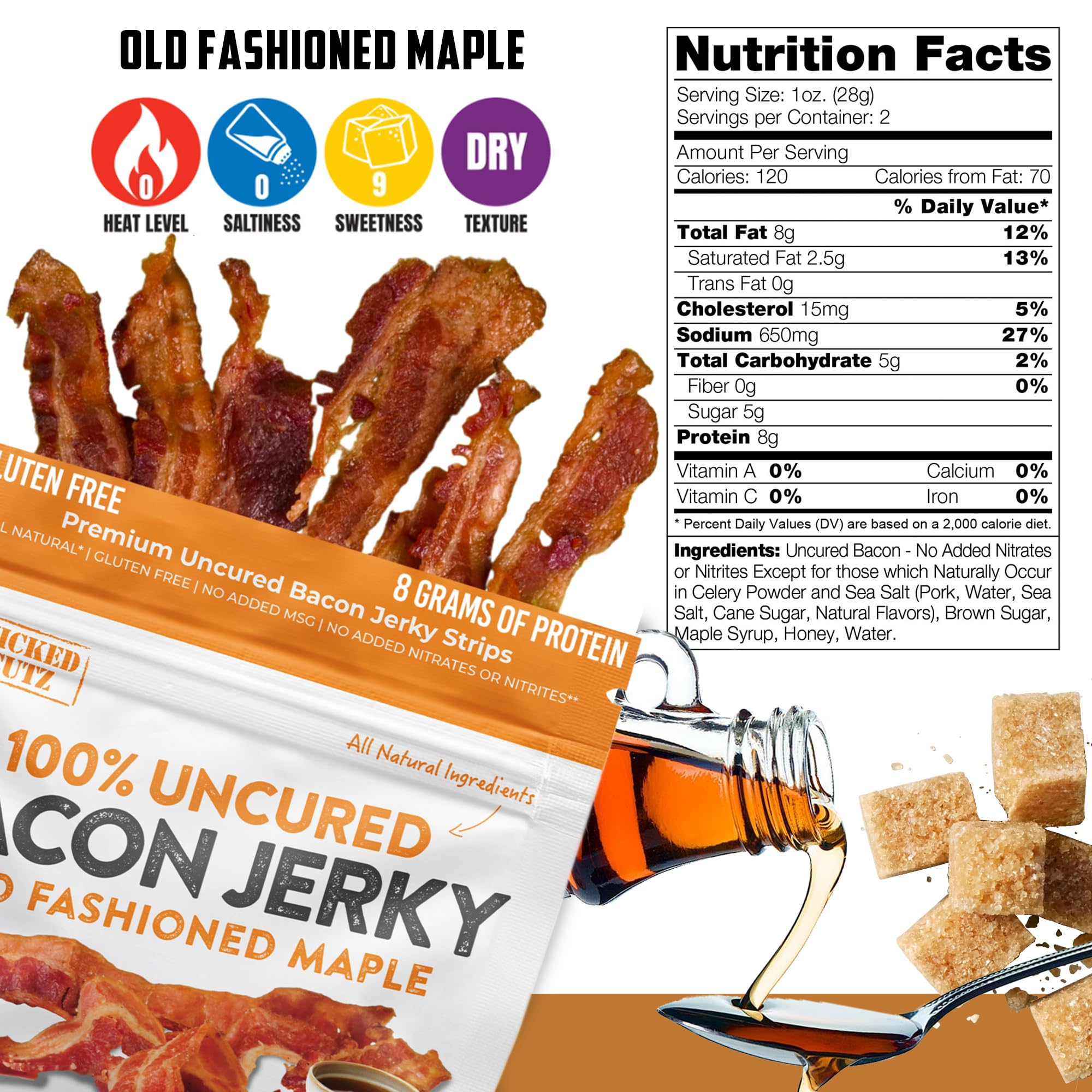 Wicked Cutz Maple Bacon Jerky close-up highlighting 16g protein per bag.