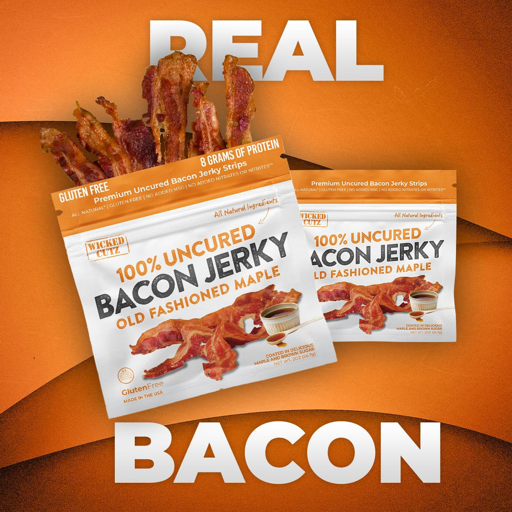 Wicked Cutz USA-made bacon jerky in premium packaging.