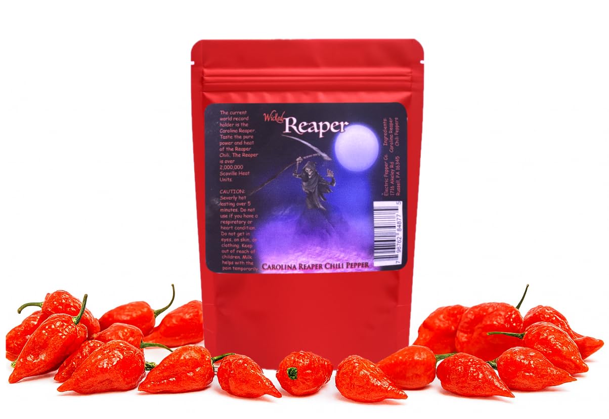 Wicked Reaper dried Carolina Reaper pods in a tray for drying or storage.