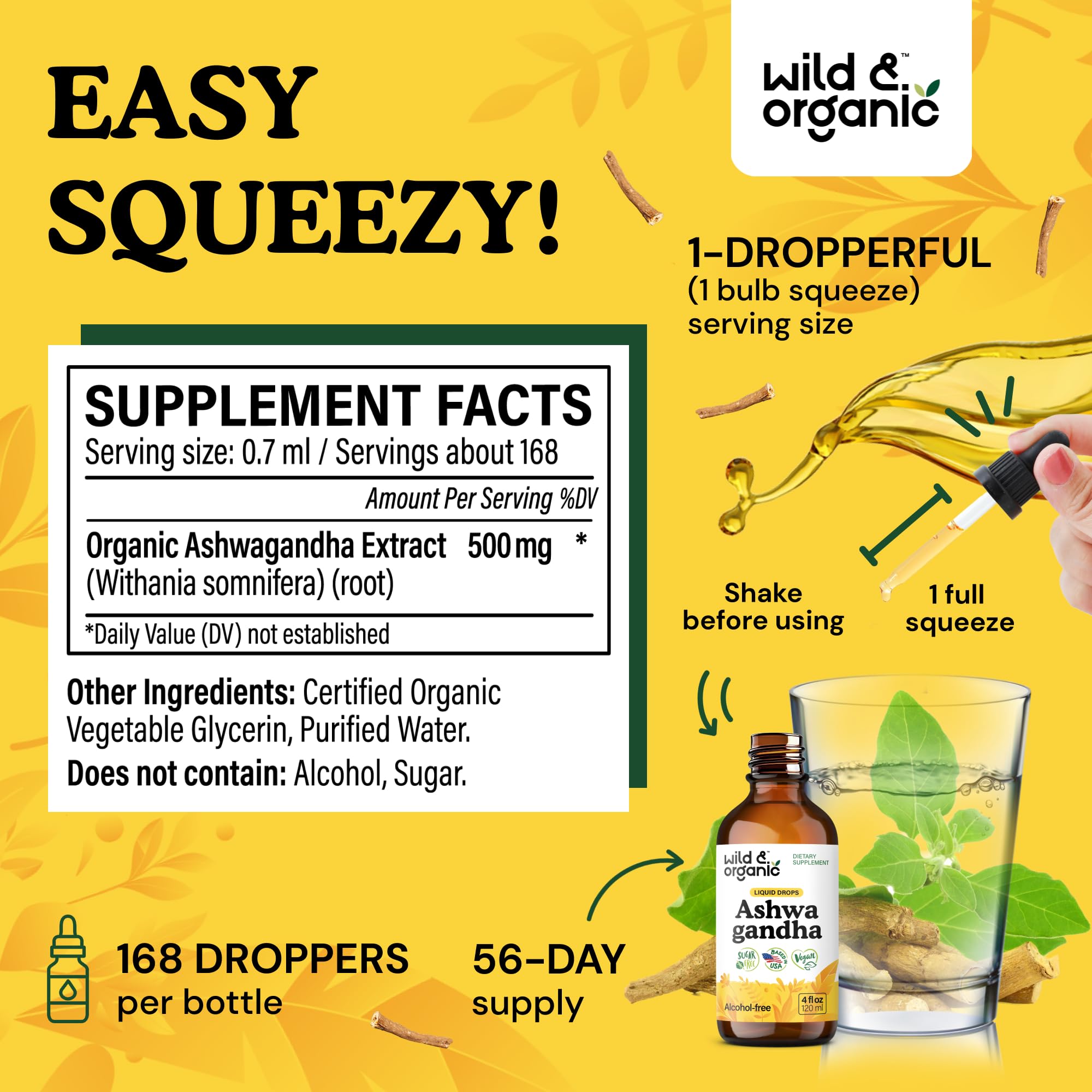 Wild & Organic Ashwagandha Drops vegan, non-GMO label