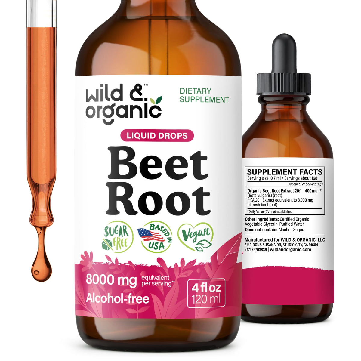 Wild & Organic beet root extract drops bottle closeup for daily wellness.
