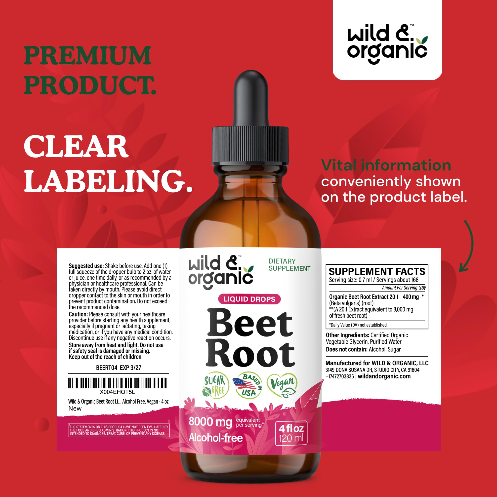 Sealed bottle of Wild & Organic beet root extract drops preserves freshness.