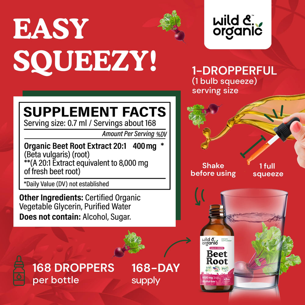 Wild & Organic beet root extract drops label highlights vegan formula.