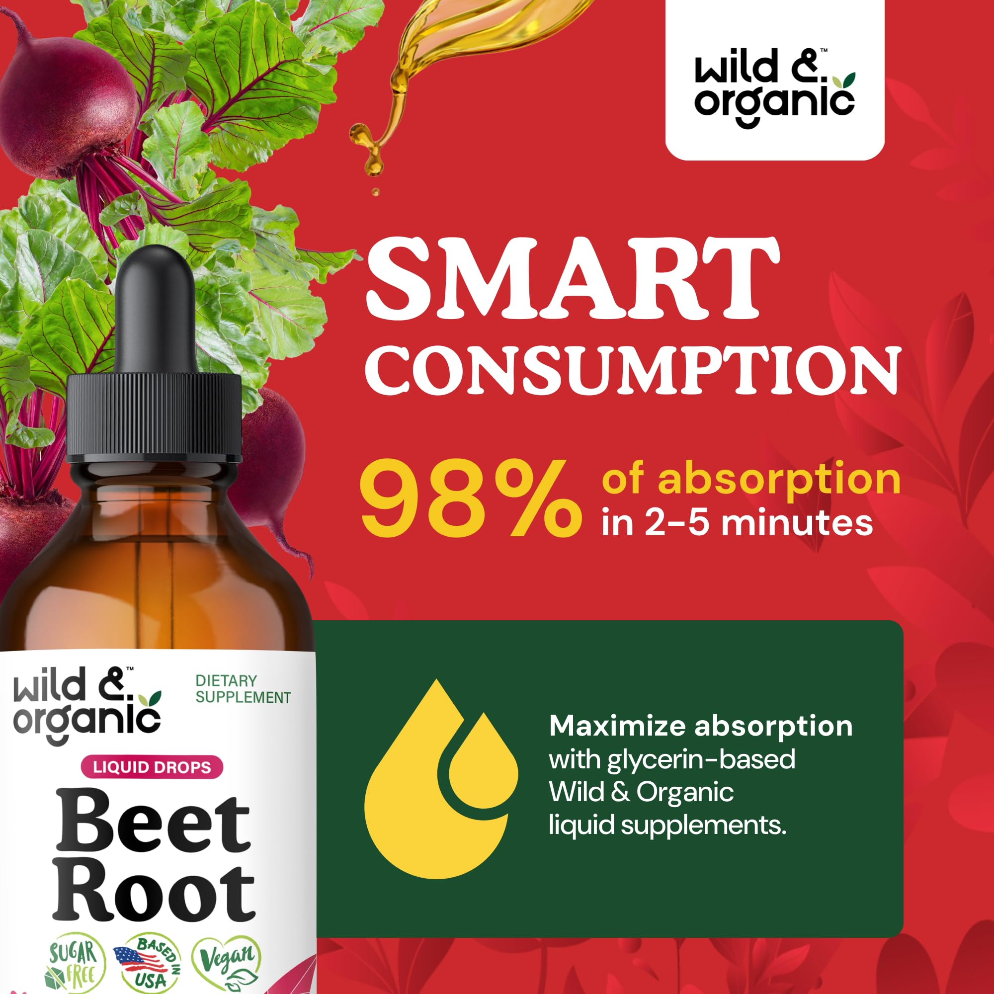 Beet root extract drops liquid in glass with 20 to 1 concentrate.