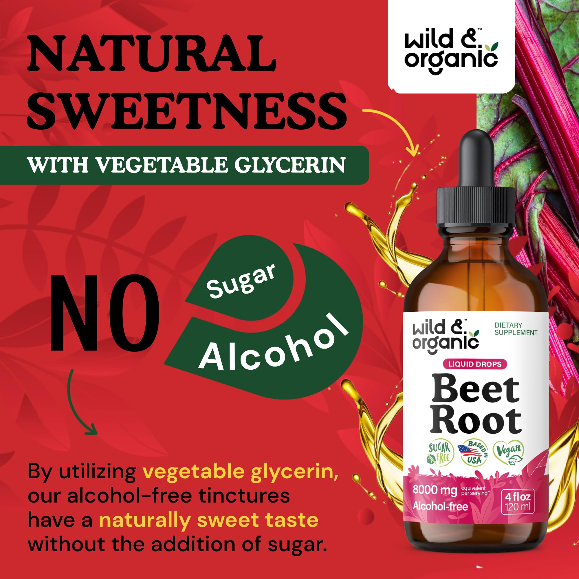 Serving size shown on Wild & Organic beet root extract drops bottle.
