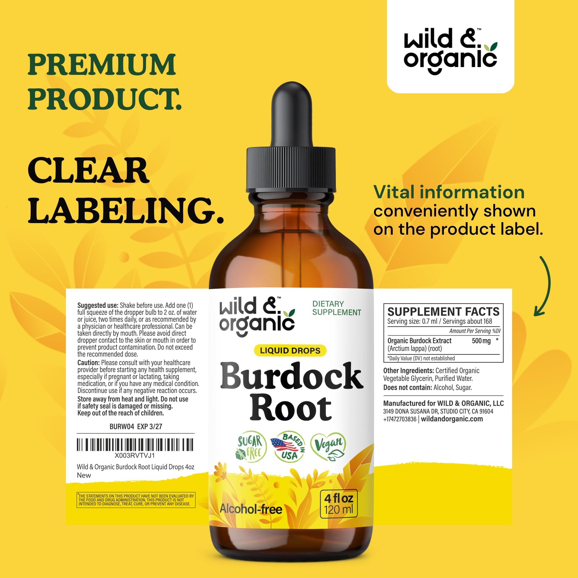 Wild & Organic Burdock Root Tincture 84-day supply illustration emphasizes longevity