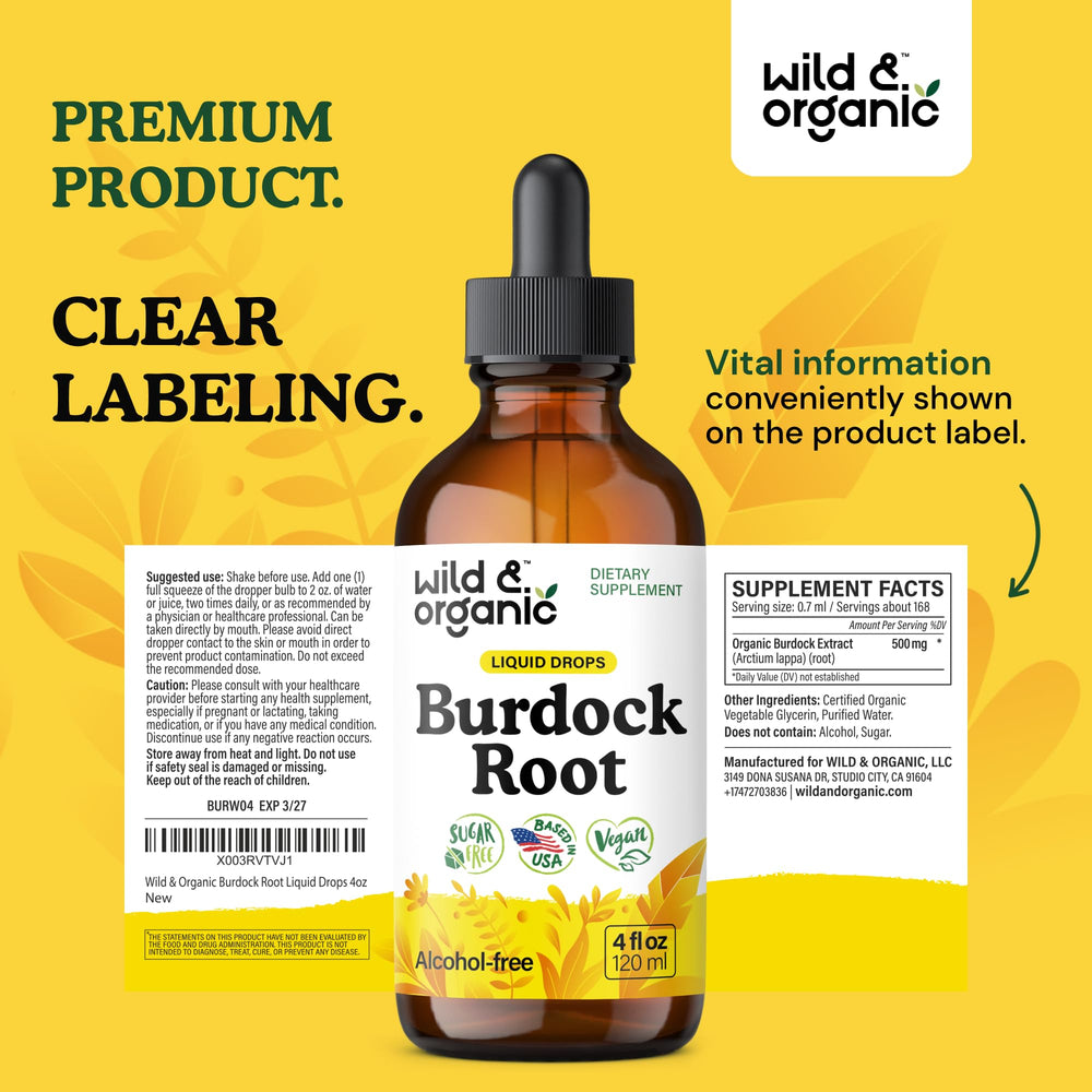 Wild & Organic Burdock Root Tincture 84-day supply illustration emphasizes longevity