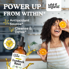 Wild & Organic Burdock Root Tincture dropper dispenses herbal extract for digestion