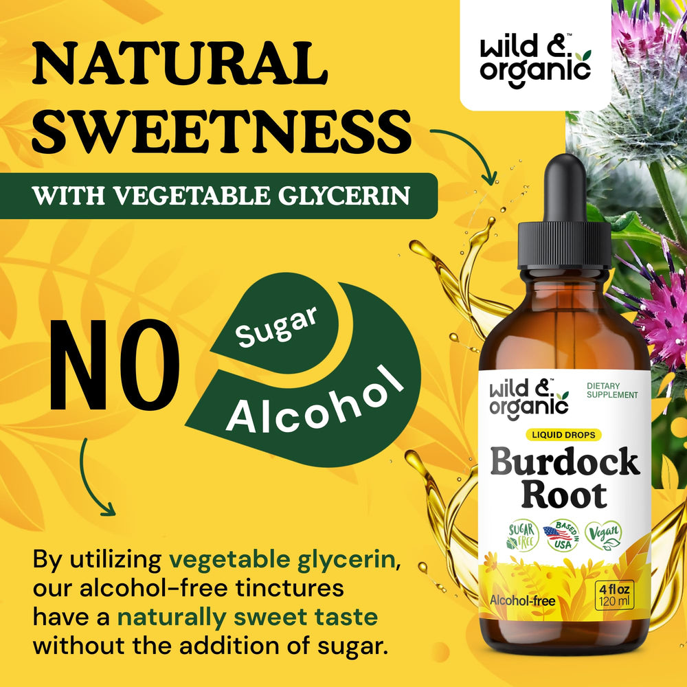 Wild & Organic Burdock Root Tincture ingredients highlighted as vegan and GMO-free